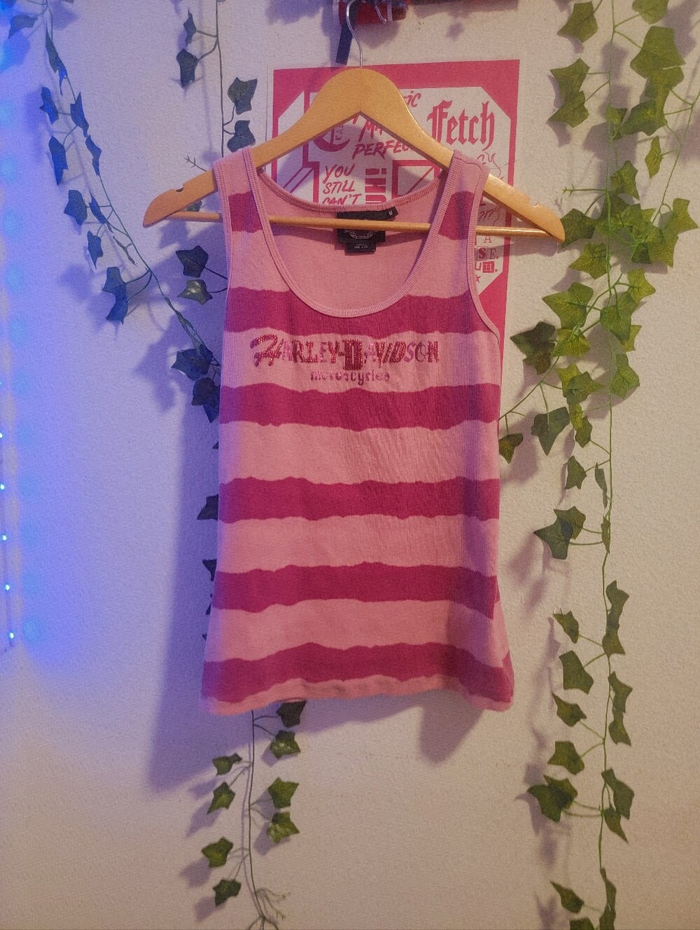 Y2k 2000s Rhinestone Embellished Pink Stripe HARLEY Tank Top Size Medium